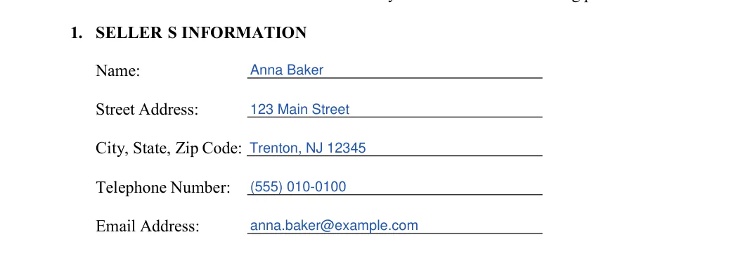 New Jersey trailer bill of sale: 1. SELLER S INFORMATION, filled with sample entries
