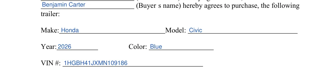 New Jersey trailer bill of sale: trailer, filled with sample entries