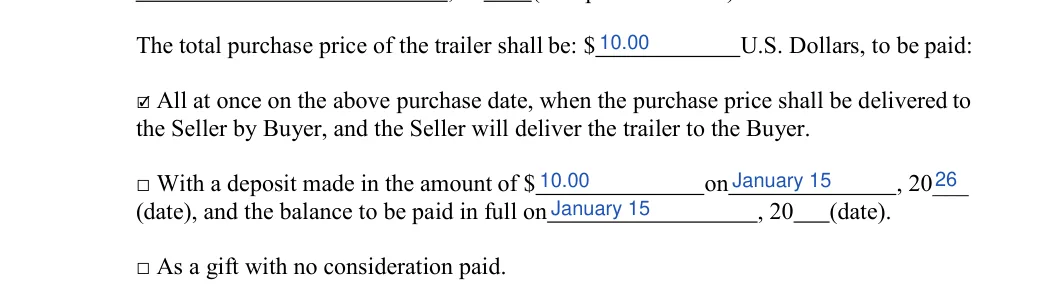 New Jersey trailer bill of sale: U.S. Dollars, to be paid, filled with sample entries