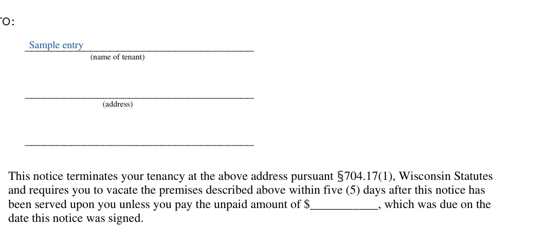 Wisconsin 5-day eviction notice: TO, filled with sample entries