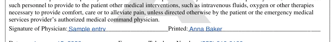 Pennsylvania DNR order: Dnr form pa.2.signature of physician, Dnr form pa.3.printed, filled with sample entries