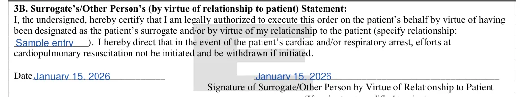 Pennsylvania DNR order: Dnr form pa.15.been designated as the patient s surroga, Dnr form pa.16.date and more, filled with sample entries