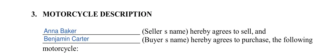 Colorado motorcycle bill of sale: 3. MOTORCYCLE DESCRIPTION, filled with sample entries