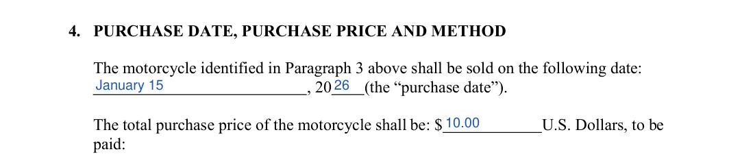 Colorado motorcycle bill of sale: 4. PURCHASE DATE, PURCHASE PRICE AND METHOD, filled with sample entries