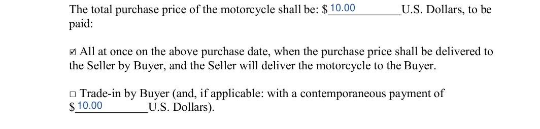 Colorado motorcycle bill of sale: paid, filled with sample entries