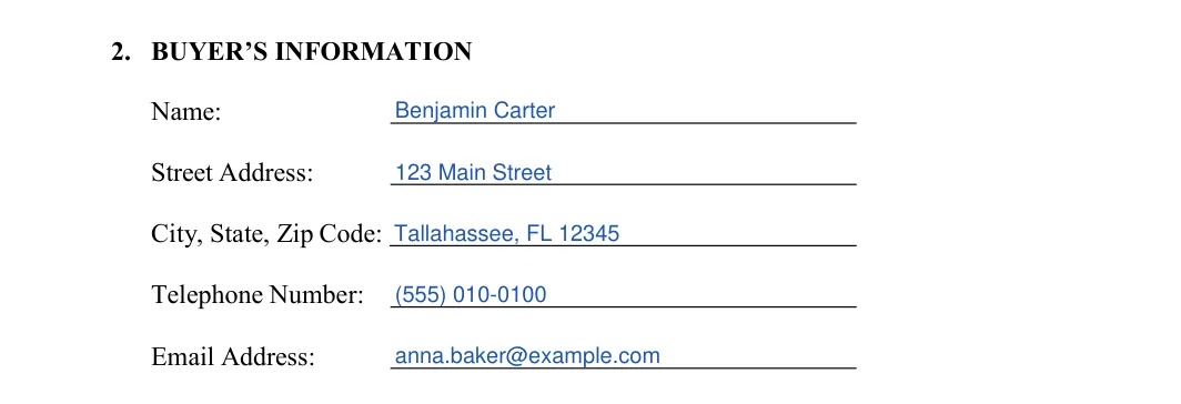 Florida motorcycle bill of sale: 2. BUYER’S INFORMATION, filled with sample entries