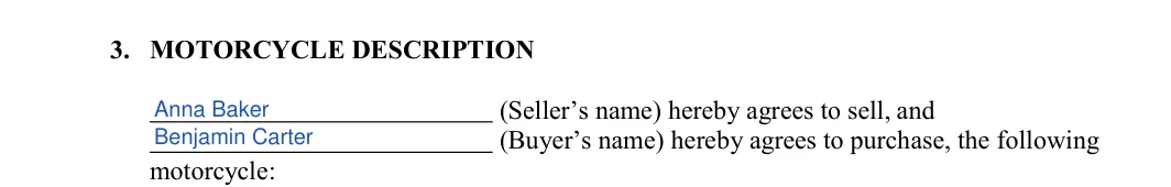 Florida motorcycle bill of sale: 3. MOTORCYCLE DESCRIPTION, filled with sample entries