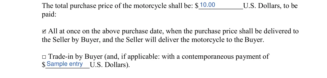 Florida motorcycle bill of sale: paid, filled with sample entries