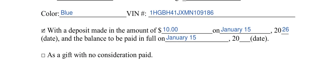 Florida motorcycle bill of sale: Color, filled with sample entries