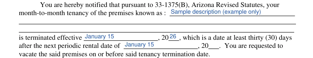 Arizona lease termination letter: month-to-month tenancy of the premises known as, filled with sample entries