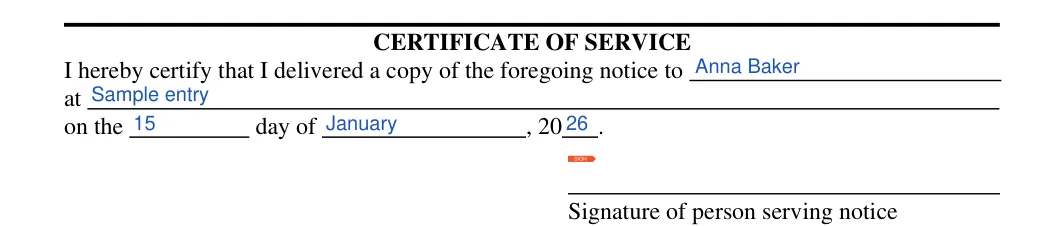 Arizona lease termination letter: CERTIFICATE OF SERVICE, filled with sample entries