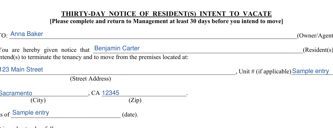 California 30-day lease termination notice: Owner, Tenant and more, filled with sample entries
