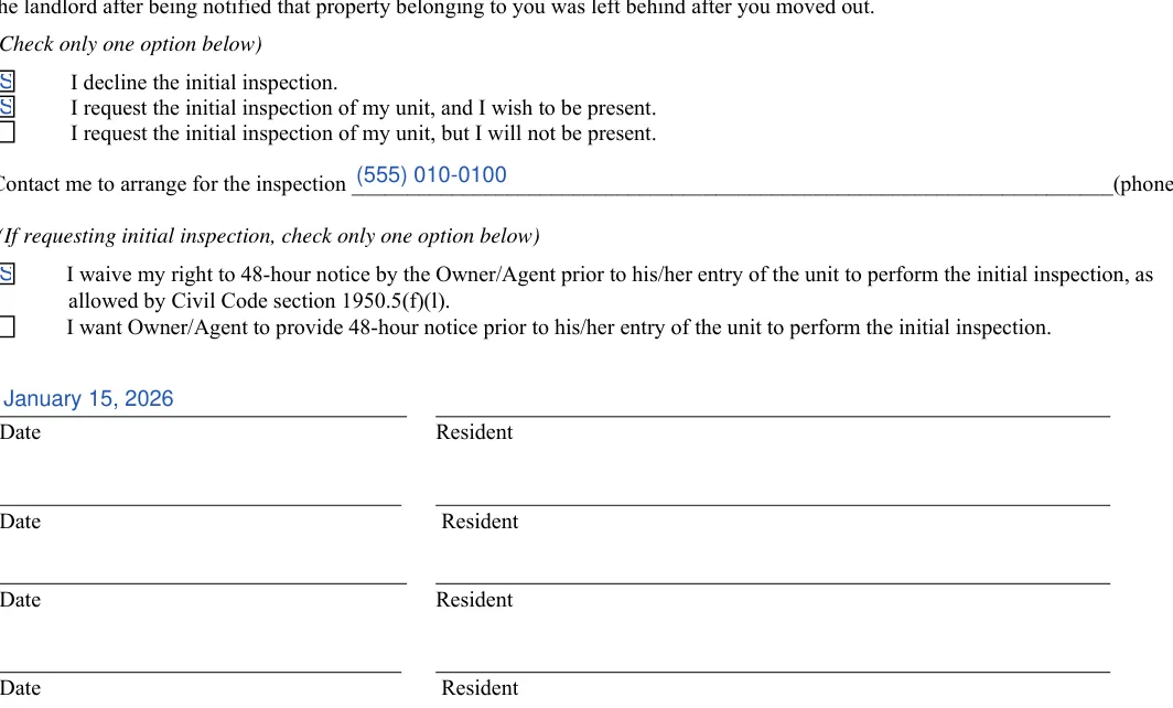 California 30-day lease termination notice: Check only one option below, Undefined and more, filled with sample entries