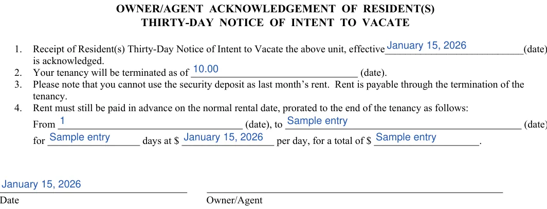 California 30-day lease termination notice: THIRTY-DAY NOTICE OF INTENT TO VACATE, filled with sample entries
