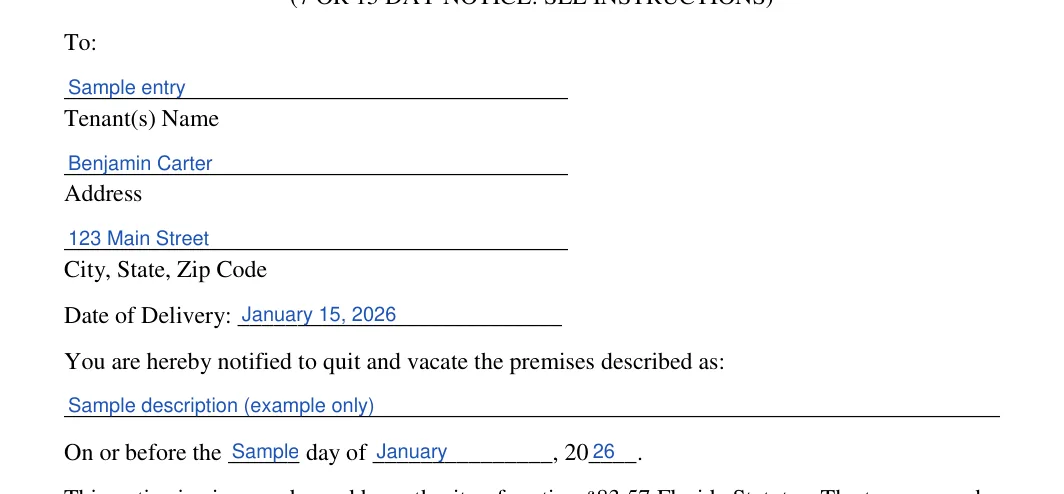 Florida lease termination letter: To, filled with sample entries