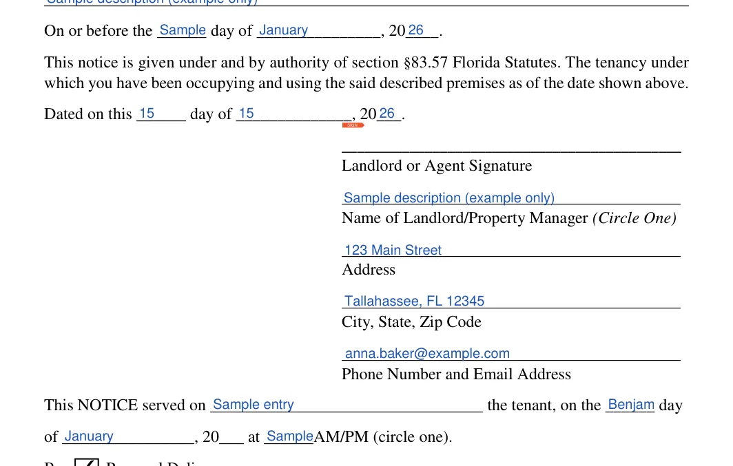 Florida lease termination letter: Which you have been occupying and using the said described premises as of the date shown above, Day of and more, filled with sample entries