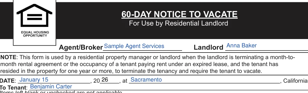 California 60-day lease termination notice: 660 60-DAY NOTICE TO VACATE, filled with sample entries