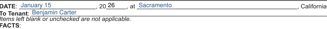 California 60-day lease termination notice: To Tenant, filled with sample entries