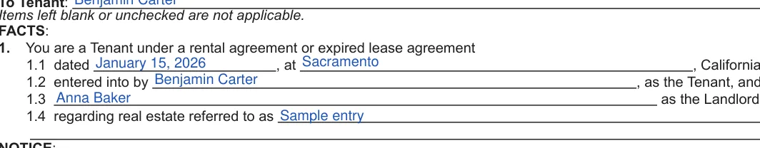 California 60-day lease termination notice: FACTS, filled with sample entries