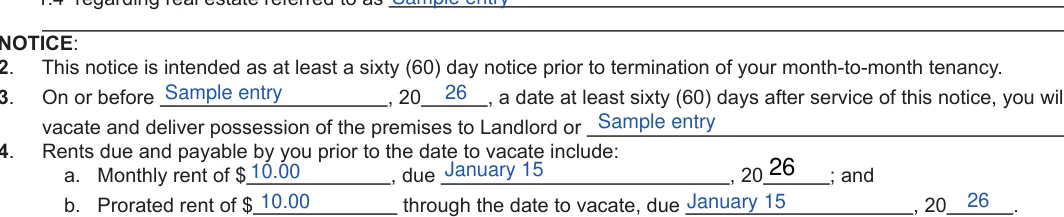 California 60-day lease termination notice: NOTICE, filled with sample entries