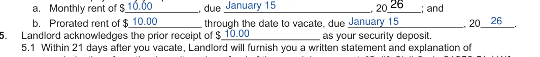 California 60-day lease termination notice: b. Prorated rent of $ through the date to vacate, due , 20, filled with sample entries