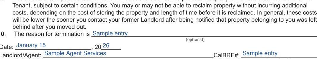 California 60-day lease termination notice: The reason for termination is, Date and more, filled with sample entries