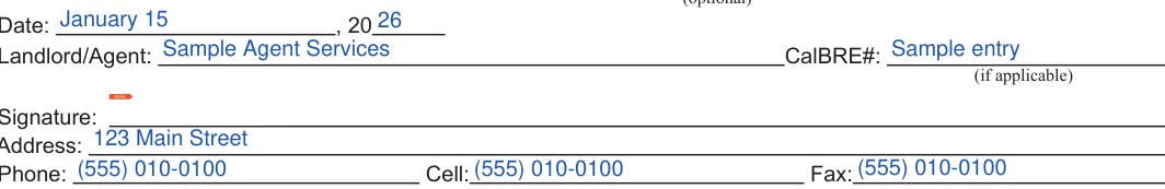 California 60-day lease termination notice: Landlord/Agent: CalBRE#, filled with sample entries
