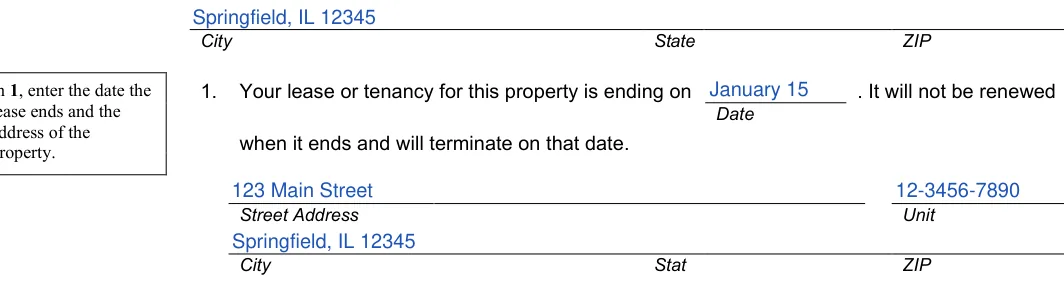 Illinois lease termination letter: ZIP, filled with sample entries