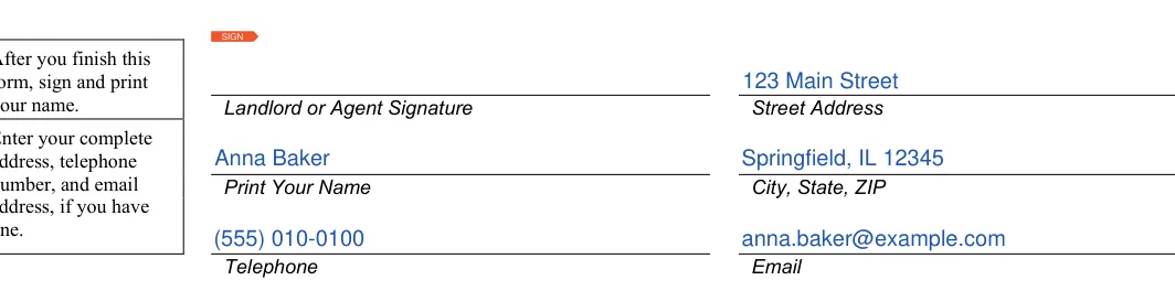 Illinois lease termination letter: Landlord or agent signature, Street address, unit number and more, filled with sample entries