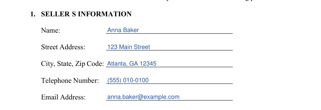 Georgia motorcycle bill of sale: 1. SELLER S INFORMATION, filled with sample entries