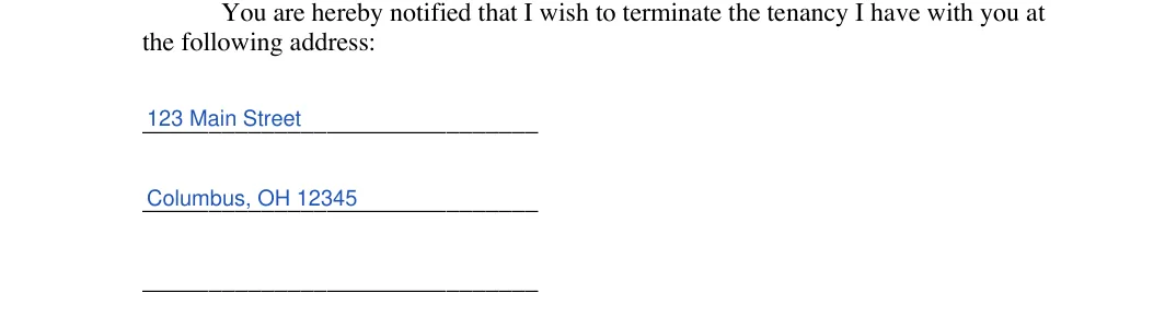 Ohio lease termination letter: the following address, filled with sample entries