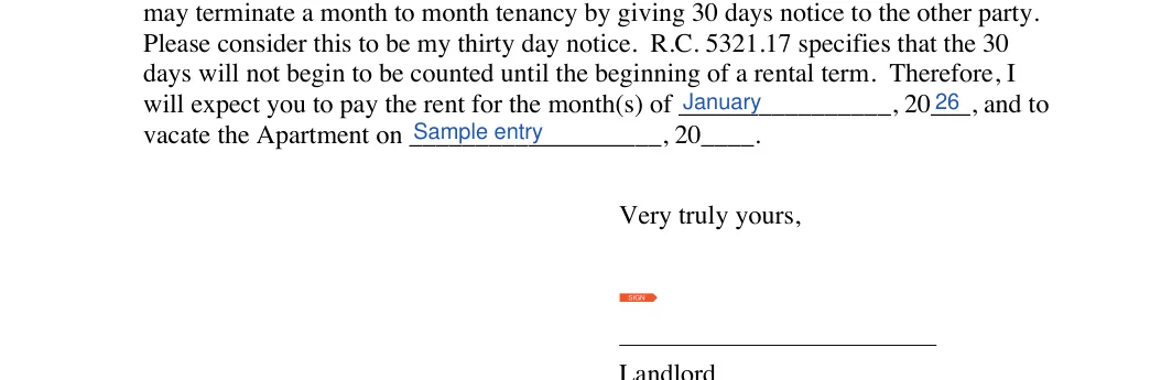 Ohio lease termination letter: Month of, Year and more, filled with sample entries