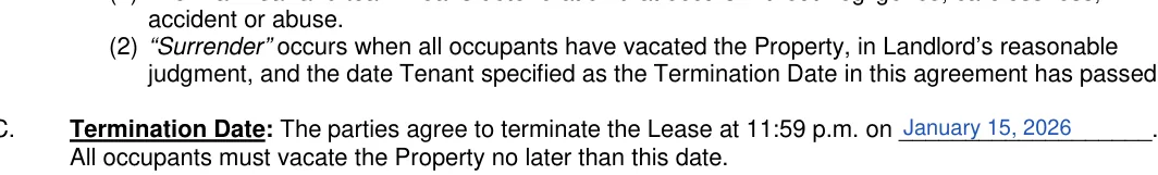 Texas lease termination letter: Termination date the parties agree to terminate the lease at 1159 pm on, filled with sample entries