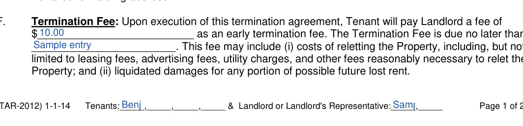 Texas lease termination letter: Fee of, No later than and more, filled with sample entries