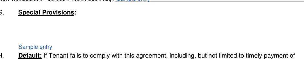 Texas lease termination letter: Special Provisions, filled with sample entries
