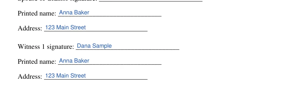 Florida lady bird deed: Lady bird deed execution fl blocks.4.witness 1 signature, Lady bird deed execution fl blocks.5.printed name and more, filled with sample entries