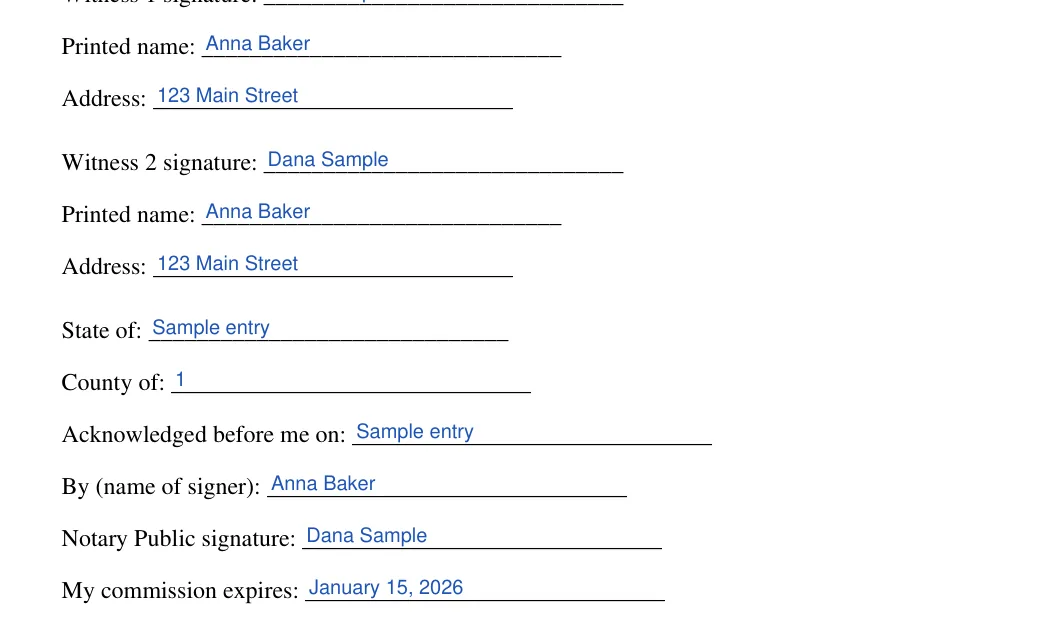 Florida lady bird deed: Lady bird deed execution fl blocks.7.witness 2 signature, Lady bird deed execution fl blocks.8.printed name and more, filled with sample entries