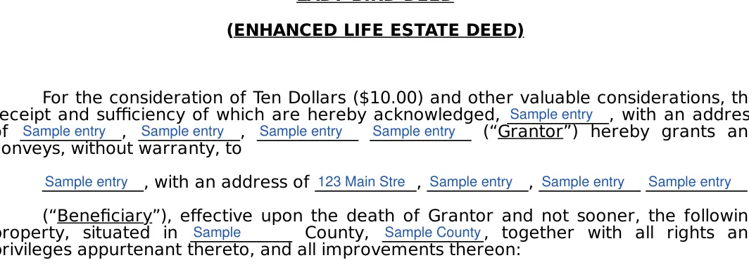 Michigan lady bird deed: (ENHANCED LIFE ESTATE DEED), filled with sample entries