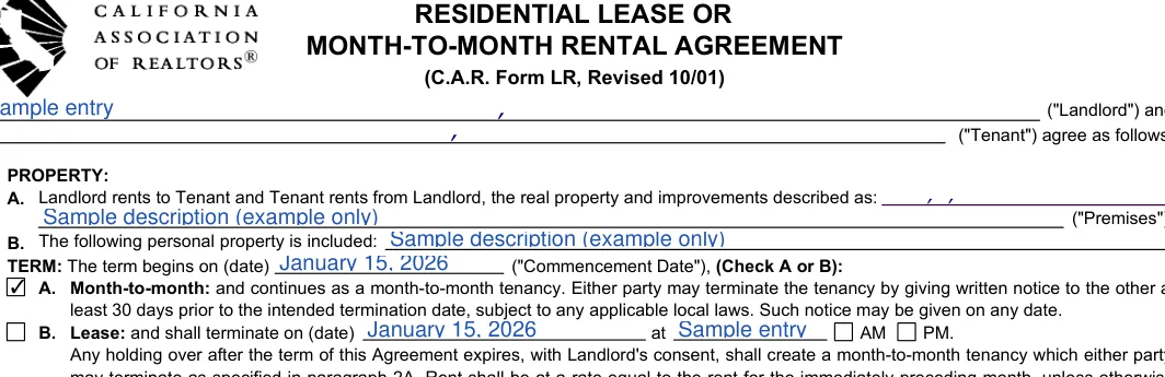 California month-to-month lease agreement: MONTH-TO-MONTH RENTAL AGREEMENT, filled with sample entries