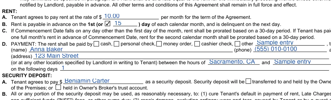 California month-to-month lease agreement: RENT, filled with sample entries
