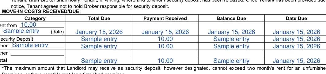 California month-to-month lease agreement: MOVE-IN COSTS RECEIVED/DUE, filled with sample entries