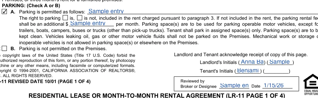 California month-to-month lease agreement: Parking is permitted as follows, filled with sample entries