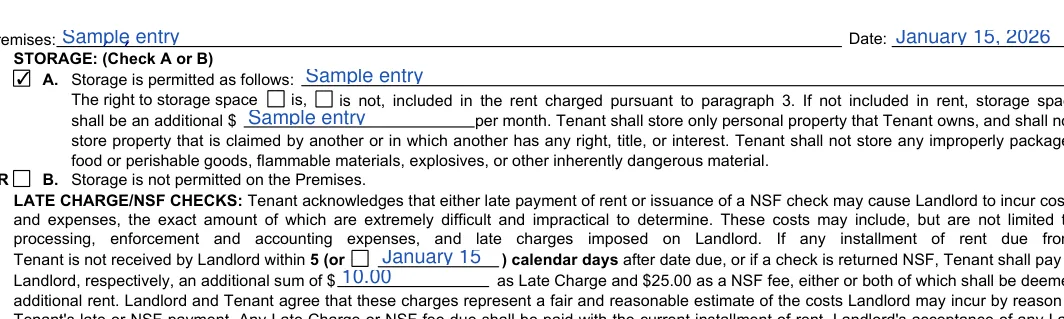 California month-to-month lease agreement: Premises, filled with sample entries