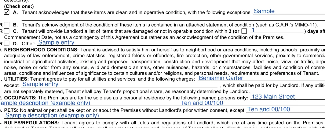California month-to-month lease agreement: Other, filled with sample entries