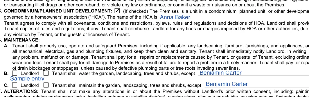 California month-to-month lease agreement: 15. CONDOMINIUM/PLANNED UNIT DEVELOPMENT, filled with sample entries