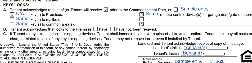 California month-to-month lease agreement: ), filled with sample entries