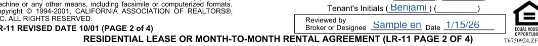 California month-to-month lease agreement: INC. ALL RIGHTS RESERVED, filled with sample entries
