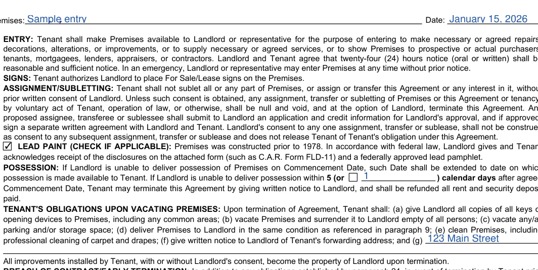 California month-to-month lease agreement: Premises, filled with sample entries
