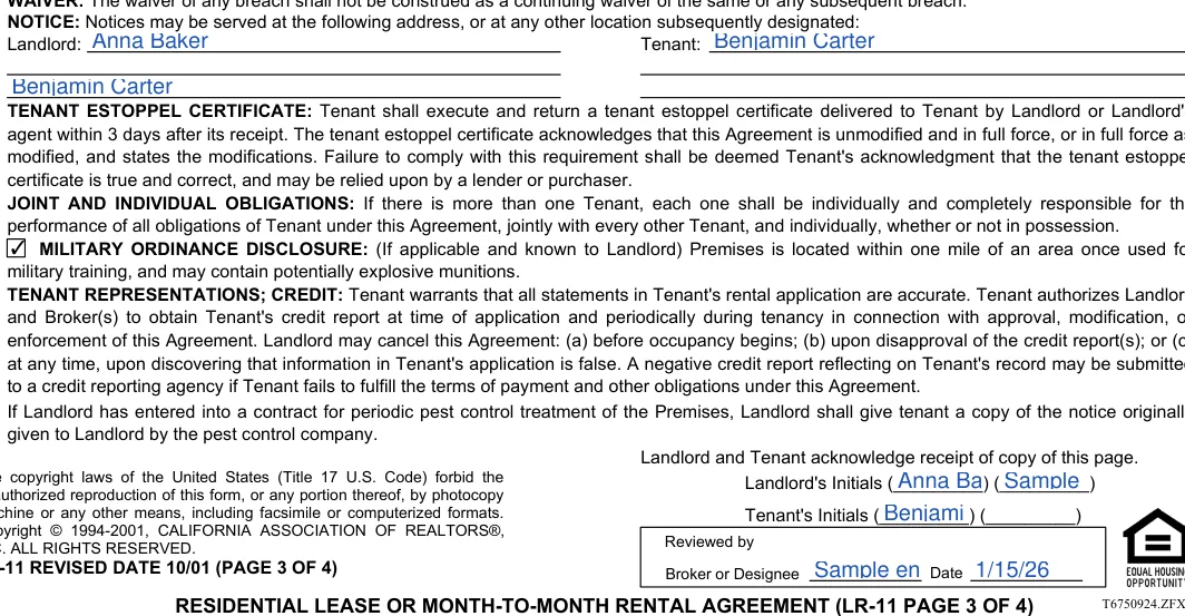 California month-to-month lease agreement: Landlord, filled with sample entries