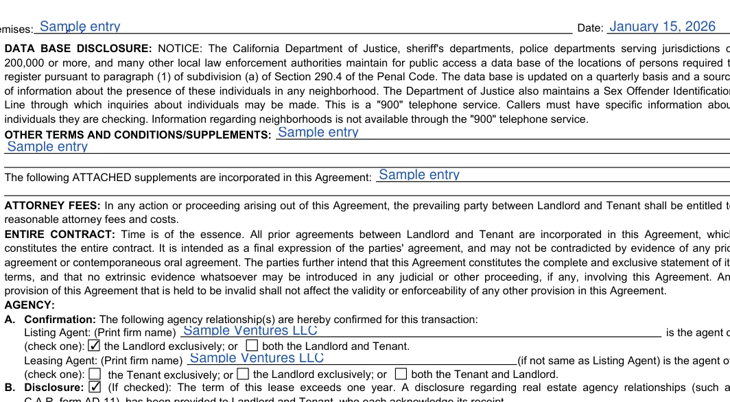 California month-to-month lease agreement: Date, filled with sample entries